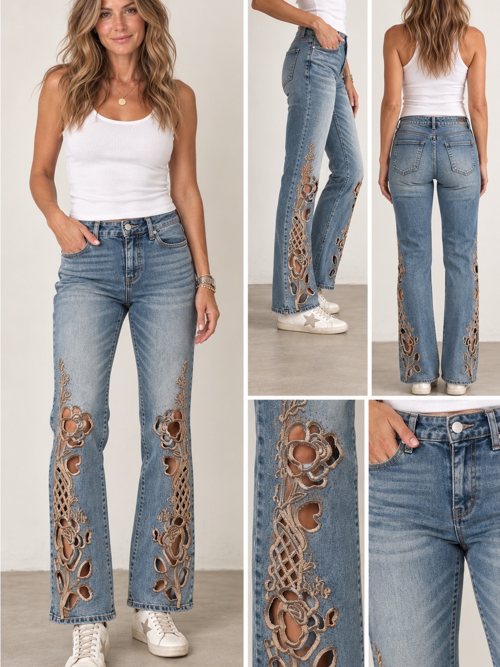 New stretch Women’s Blue Embroidered Floral Bootcut Jeans 6/8 medium